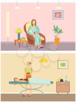 Beauty salon resort and chocolate spa set vector. Woman resting on vacation by drinking tea from teapot. Professional care of skin of clients back