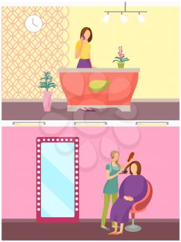 Spa salon receptionist and hair styling service set vector. Reception interior, appointing dates and meeting with professionals, stylist hairdresser