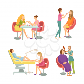 Spa salon manicure and pedicure nails polishing and care. Icons set, hair styling visagiste makeup of lady sitting in chair. Beauty procedures vector