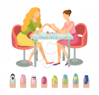 Manicure manicurist and client woman isolated icons set vector. Nails art with different patterns and prints, dots and hearts, stripes design beauty