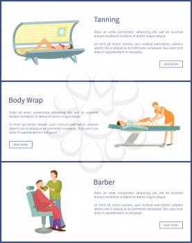 Tanning, body wrap and barber shop web posters in spa salon. Cosmetic procedures for people taking care about beauty, woman in solarium, text samples