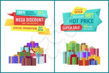 Special offer hot prices set with banners and gifts. Super sale buy natural products now limited time only. Presents in boxes with ribbons vector