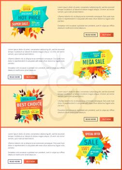 Exclusive price and offer posters set. Autumn proposition for shoppers. Limited time only premium quality of products and goods mega discounts vector
