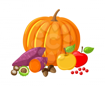 Pumpkin and beetroot, ripe lush apples and cranberries, fruits and veggies set vector. Chestnut and acorn, food and meal harvested in autumn season
