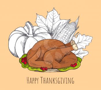 Happy Thanksgiving poster with food and meal set vector. Cooked roasted Turkey and pumpkin, corn and leaves colorless monochrome sketches outline