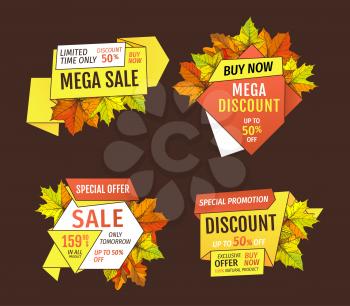Sale super quality special offers labels set, up to 50 percent discount promo tags. Autumn half price advertising emblems, foliage and leaves vector