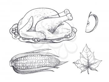 Turkey meat dish and corn vegetable and plate set vector. Isolated icons monochrome sketches outline maize and leaves, apple fruit slice and foliage