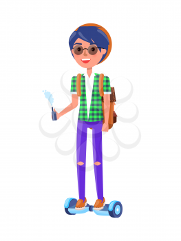 Young teenager with vape smoking male isolated vector. Boy on scooter gyroscooter board with wheel for self-balancing. Person with backpack glasses