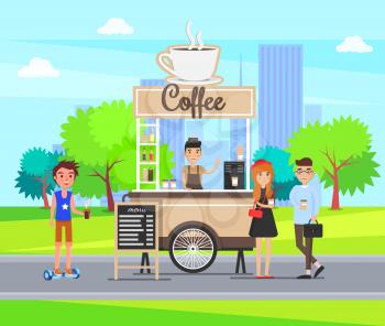 Coffee stop city street in park with students buying drinks vector. Hot beverage stall kiosk with barista and teenager customers, cityscape and town