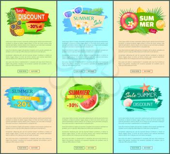 Set of summer promo posters with exotic fruits and summertime accessories. Vector banners with pineapple, watermelon, orange and sunglasses, lifebuoy