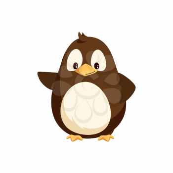 Penguin waving right wing and sending greetings. Funny arctic bird, small animal kid, funny creature. Wintertime cartoon character isolated vector