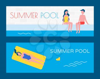 Summer pool vacation of people in basin. Set of posters woman lying on mattress chicken toy floating beside. Couple sitting together by water vector
