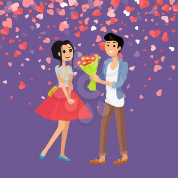 Couple in love on Valentines day holiday celebrating vector. Man and woman, male holding flowers in bundle, bouquet, pair happy to be together festive