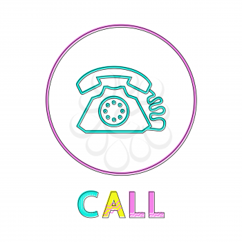 Call web button linear bright outline template with old telephone inside circle. Communication symbol for online sites isolated vector illustration.
