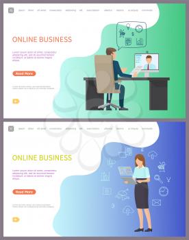 Online business, boss speaking to freelancers via computer vector. Meeting with worker in internet, businesswoman working on laptop, financial data. Website template, landing page in flat style