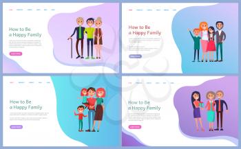 How to be happy family web page decorated by smiling parents and children vector. Portrait view of mother and father embracing cheerful daughter and son. Website template, landing page in flat style