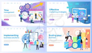 Time management, marketing strategies vector, implementing business solutions and scaling. Calendar and computer, organizer and statistics graphics. Webpage template, landing page in flat style