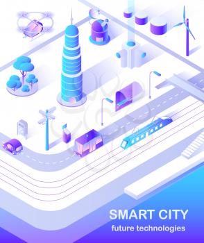 Smart city skyscraper and public bus on street vector. Transportation of passengers, buildings infrastructure of modern town with windmills and copters