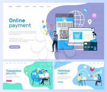 Technical support and online payment, transaction services vector. Computer monitor and smartphone, laptop and operators in headphones, global network. Website template, landing page in flat style