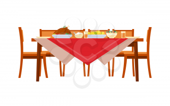 Dishes on table with chairs. Chicken and potatoes, salads and drinks, cutlery and plates on red tablecloth. Served holiday dinner in realistic style vector