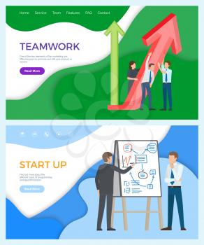 Teamwork business promotion whiteboard with plans and charts vector. Startup of company explanation of businessman to worker, partners with ideas. Website or webpage template, landing page flat style