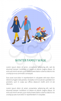 Winter family walks, father mother and children vector. Kids sitting on sledges, seasonal activities, parents with offsprings on sleigh, sleds fun