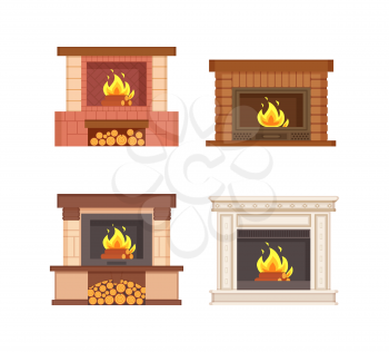 Fireplaces with wooden logs isolated icons set vector. Electric type of furnace, warming heating system decorated with bricks and classic columns