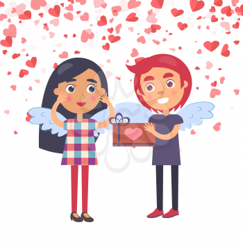 Boy making surprise for girlfriend giving present wrapped ribbon. Couple romantic day, relationships between young people, card decorated hearts vector