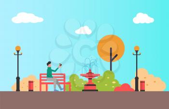 Man sitting on bench and holding bird in hands. Autumn landscape, fountain and color trees. Vector street lamp and bins, blue sky vector in flat design