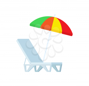 Sunbed and umbrella vector icons isolated. Chaise-lounge protective shelter, plastic deck chair on beach rest. Summertime accessories objects on white