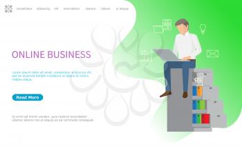 Online business web poster, man sitting on shelves with laptop vector. Cart and folders line art icons. Person working in internet on notebook. Website or webpage template, landing page in flat style