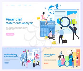 Financial statements analysis and solution vector. Implementing solutions and scaling business, people with magnifying glass and calculator, finance planning. Website template, landing page flat style
