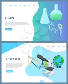 Learn screen decorated by 3D bulbs with liquid and formula. Research website with telescope and microscope. Scientific page with online discovery vector. Webpage template, landing page in flat style