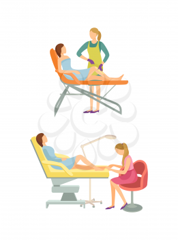 Spa salon wax epilation on legs and pedicure procedure on toes. Isolated icons set vector, pedicurist and experienced beauty expert removing hair