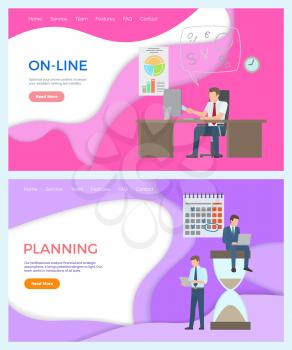 Online business businessman sitting in office set vector. People with plans on papers, deadline time hour glass, calendar and schedule, timetable. Website or webpage template, landing page flat style