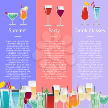 Summer party drink glasses alcoholic beverages poster with place for text vector illustration banner with tropical cocktails with straws and umbrellas
