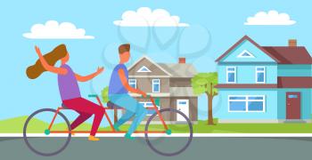 Couple riding on tandem or twin bicycle on background of cottage houses. Happy family spend time together in rural countryside