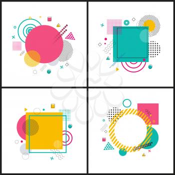 Abstract placards collection with images of circles and triangles, squares and dots, geometric shapes on vector illustration isolated on white