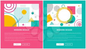 Modern design, set of colorful websites, circles and squares on images, titles and text sample with buttons on vector illustration web posters