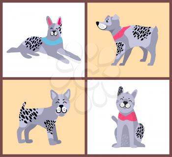 Dog with different poses, collection of poster with domestic pets that is in playful mood and symbol of approaching 2018 year on vector illustration