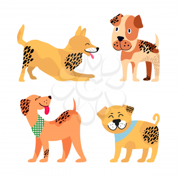 Dogs images collection, representing icons of different breeds canine animals, four spotted puppies on vector illustration isolated on white