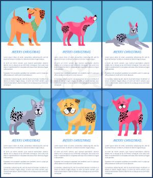 Merry Christmas, set of images of dogs of different breed and colors, happy feelings and emotions combined with text sample on vector illustration