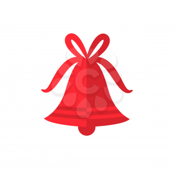 Red bell decorated with bow icon isolated on white background. Vector illustration with bright Christmas toy and thin ribbon for decorating xmas tree