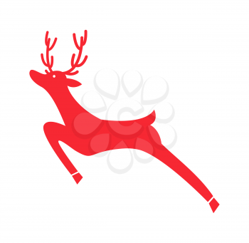 Running red reindeer icon isolated on white background. Vector illustration with animal with long horns drawn in big jump as Christmas symbol