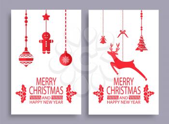 Merry Christmas and happy New Year colorful poster with festive decorations, confetti and deer. Vector illustration with xmas symbols on white background