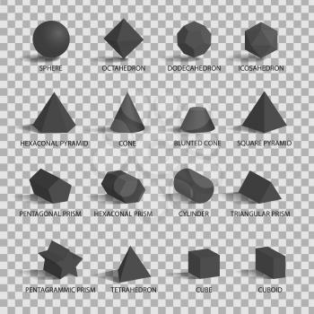 Set of 3D figures on transparent background. Vector illustration with sixteen different dark gray three-dimensional figures, including sphere, cube and others