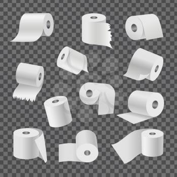Full rolls of white toilet paper with even and torn edges from all foreshortening isolated vector illustrations set on transparent background.