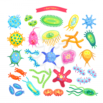 Bacteria collection of icons, microbe of different colors and shapes, title written on ribbon vector illustration isolated on white background