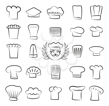 Professional tall chefs hats outline sketches set. Work headdresses for cook, male face with mustaches and laurel branches vector illustrations.