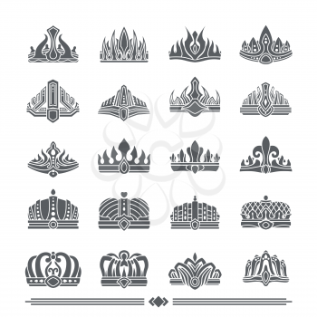 Set of crown icons that are symbols of power and wealth of kings and queens, colorless banner on vector illustration isolated on white background